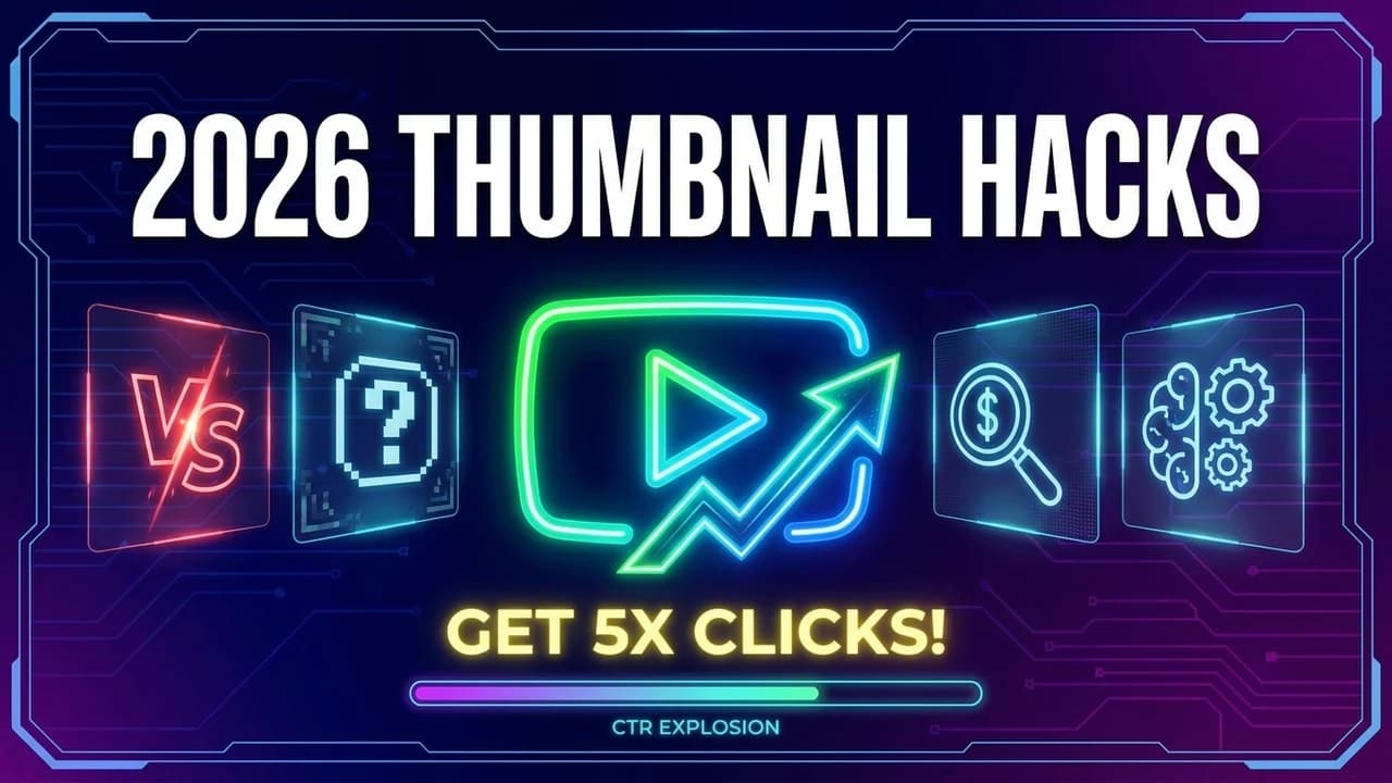 Best thumbnail styles for 2026 — neon play button with rising CTR arrow and design icons showing thumbnail hacks