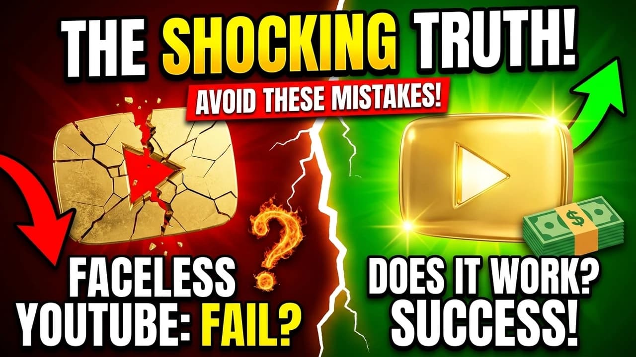 Faceless YouTube channels thumbnail showing broken vs successful play button — does the faceless strategy work?