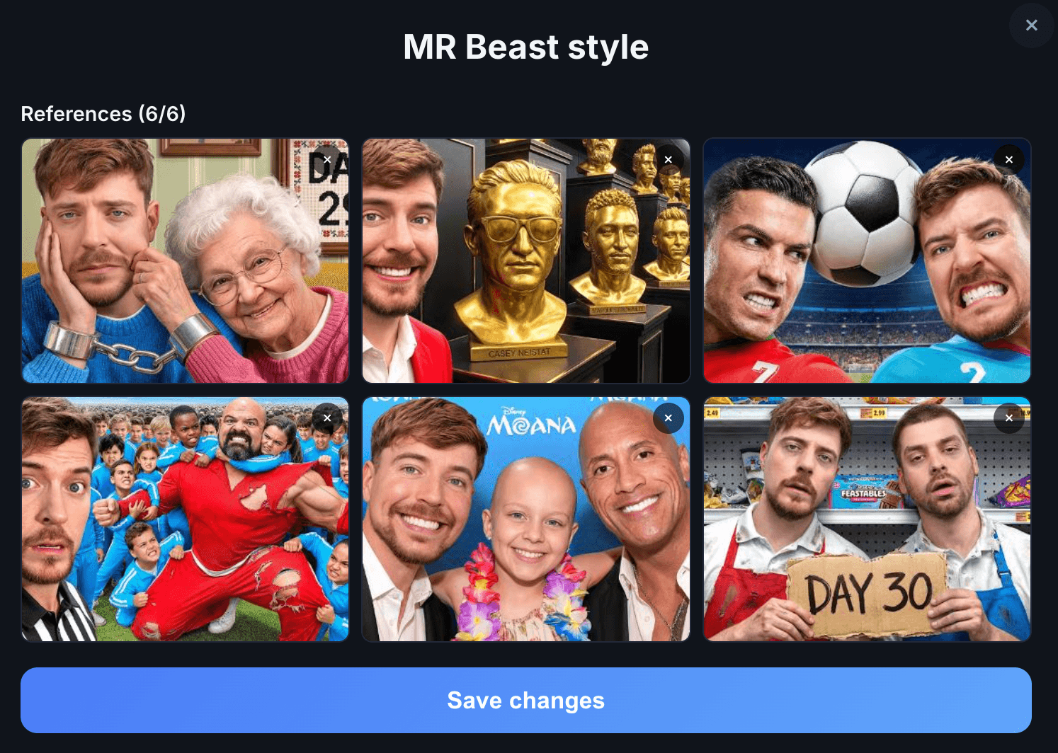 ThumbAPI Studio reference set editor with 6 uploaded thumbnails in a consistent brand style