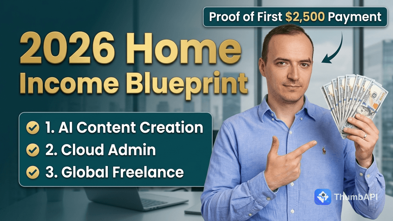 YouTube thumbnail generated with usePhoto: true — creator photo composited into a "2026 Home Income Blueprint" scene