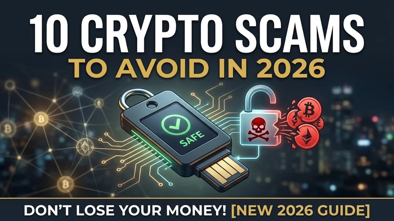 AI-generated YouTube thumbnail for "10 crypto scams to avoid in 2026"