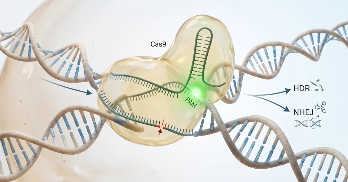 Graphic-only faceless thumbnail example — CRISPR molecular illustration