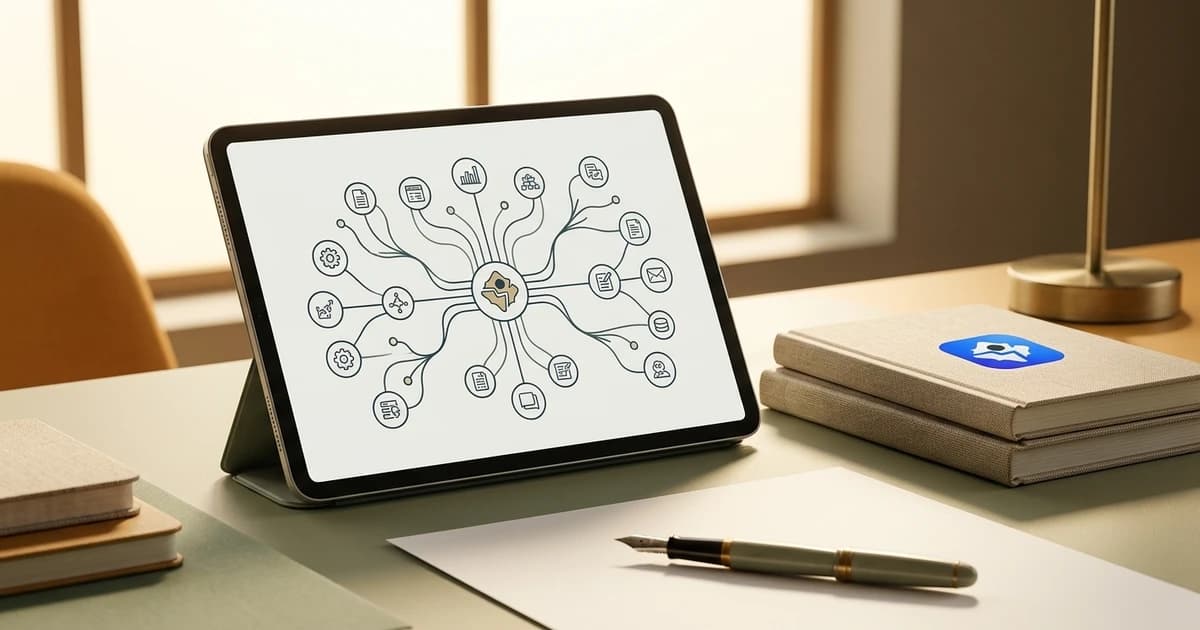 Tech blog cover showing a tablet displaying a workflow diagram on a desk