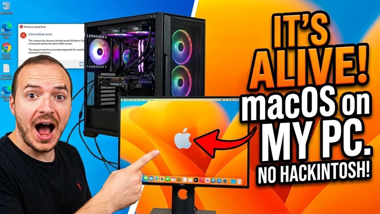 Tech YouTube thumbnail of a desktop PC build next to a developer portrait
