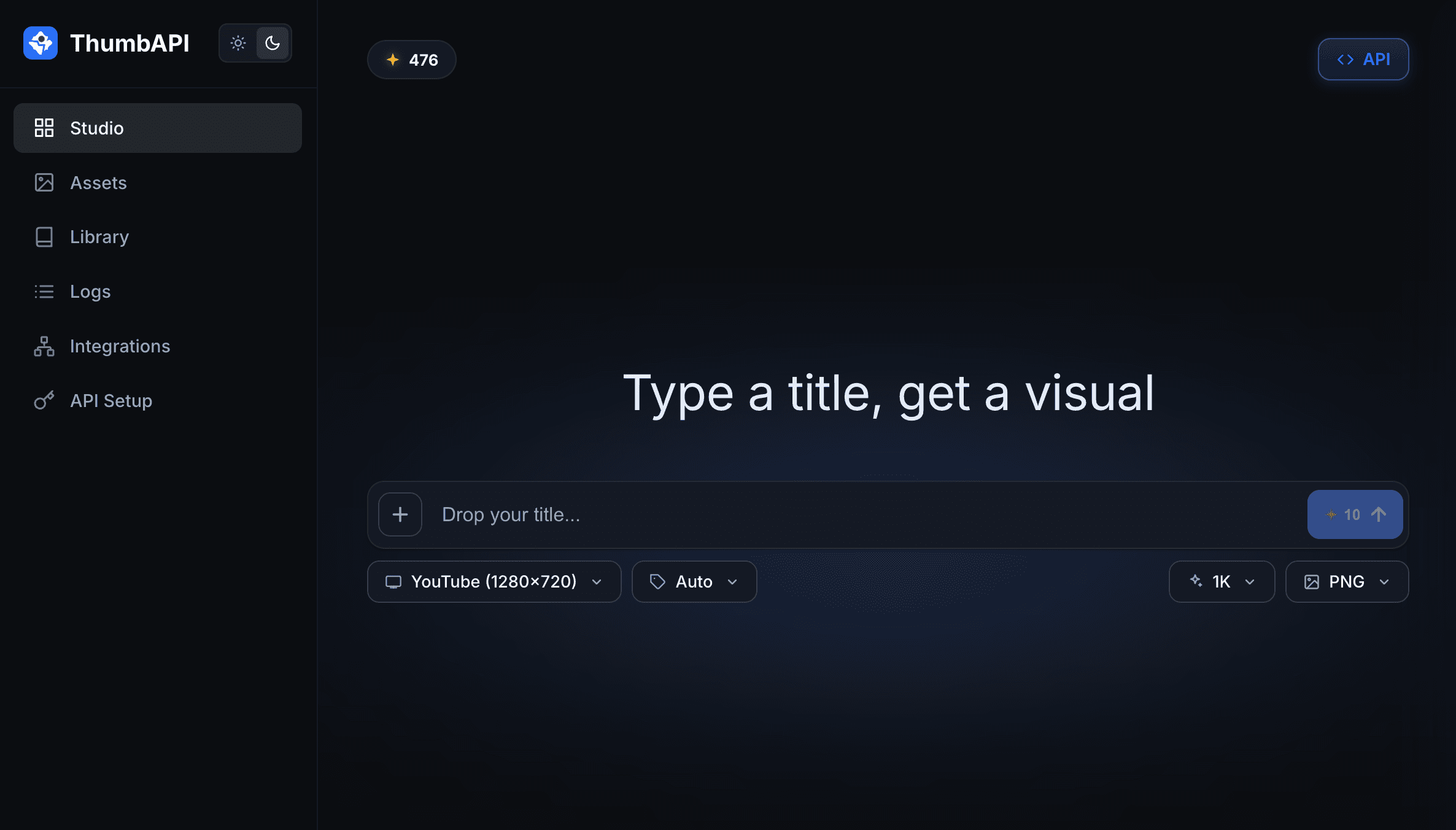 ThumbAPI Studio dashboard, dark theme