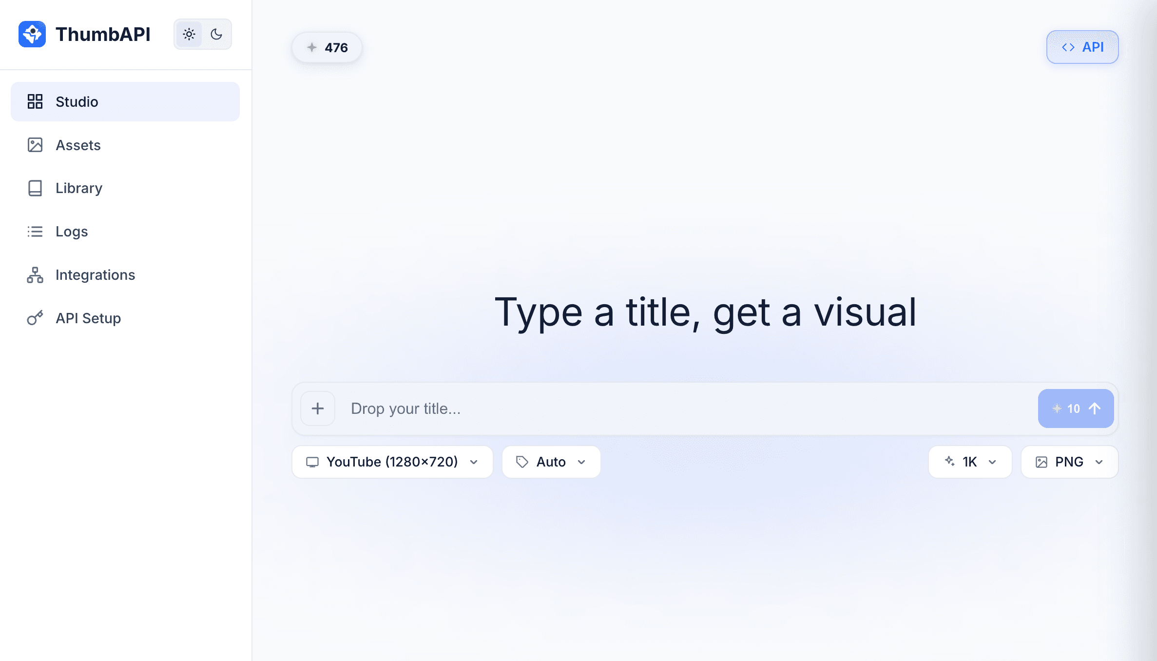 ThumbAPI Studio dashboard, light theme