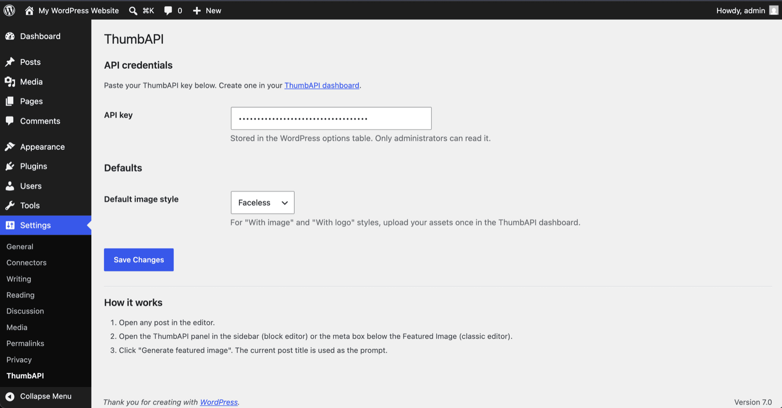 ThumbAPI plugin settings page in WordPress admin showing API key field and default image style selector.