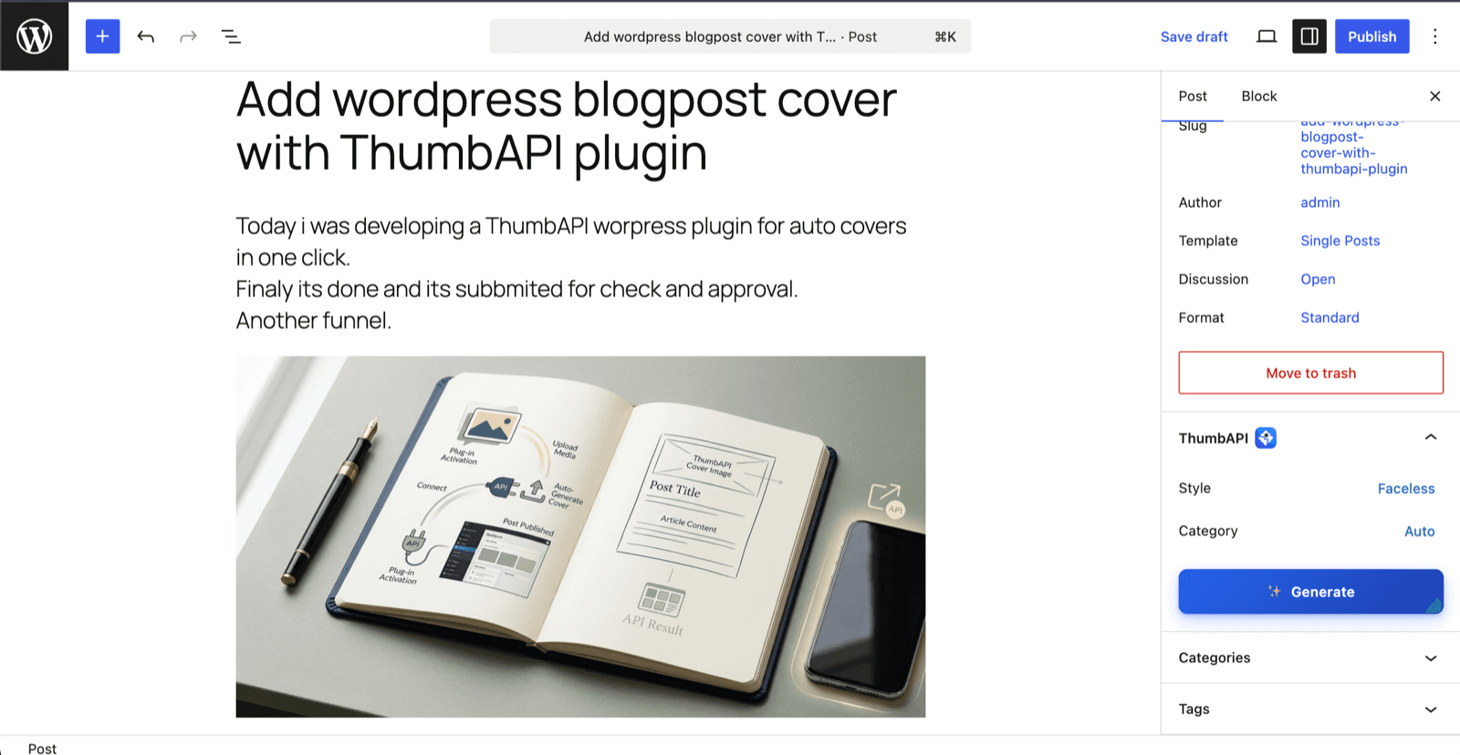 ThumbAPI panel inside the WordPress post editor sidebar with Style, Category, and Generate button. A generated featured image is shown above.